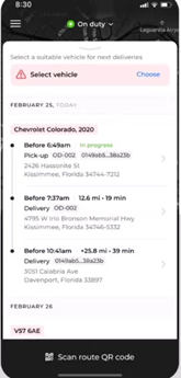 Route list with the current stop marked In progress