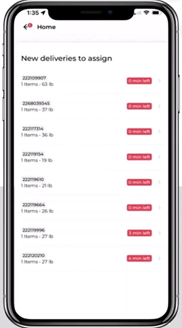 New deliveries to assign list screen