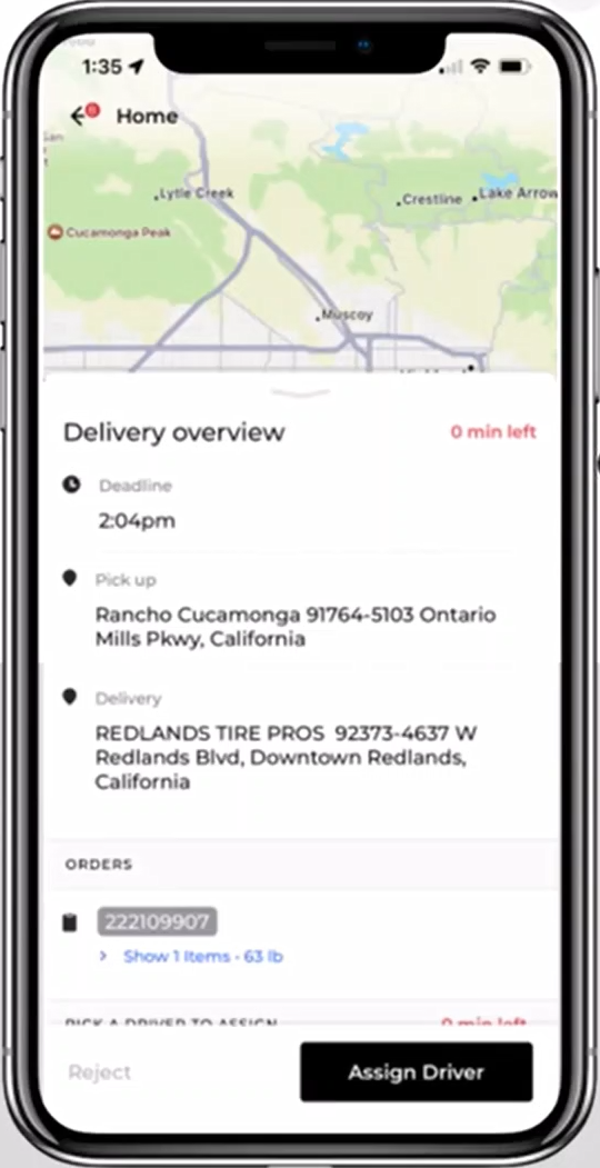 Delivery overview screen with deadline and addresses