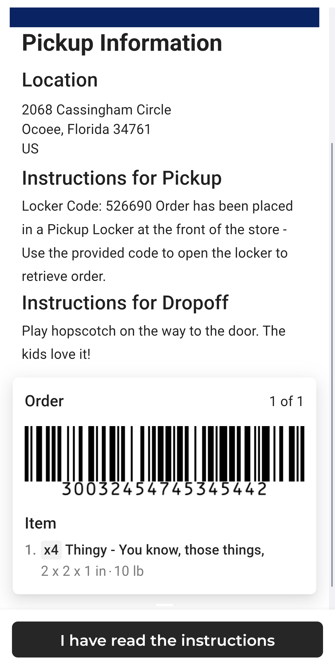 Pickup instructions detail