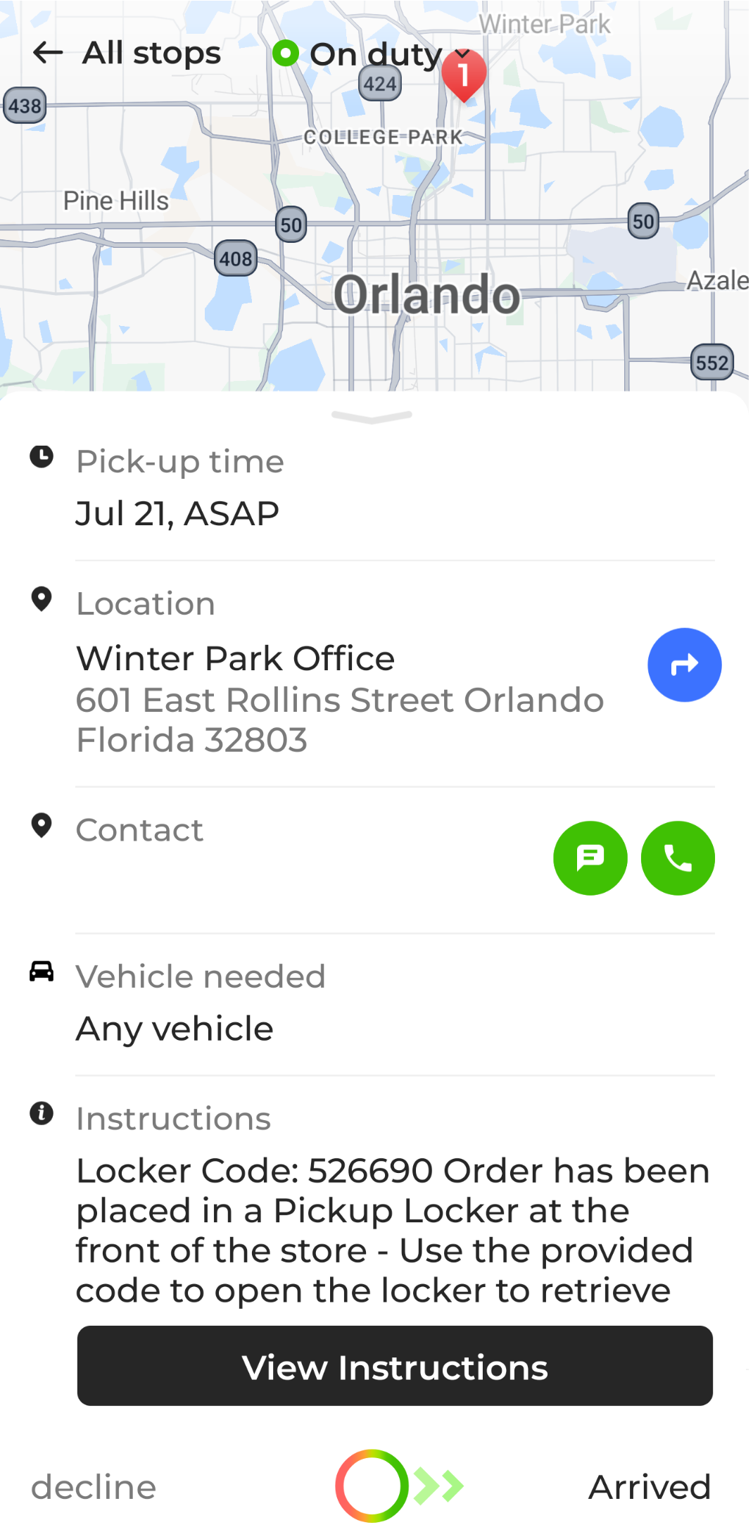 Pickup instructions with View Instructions button