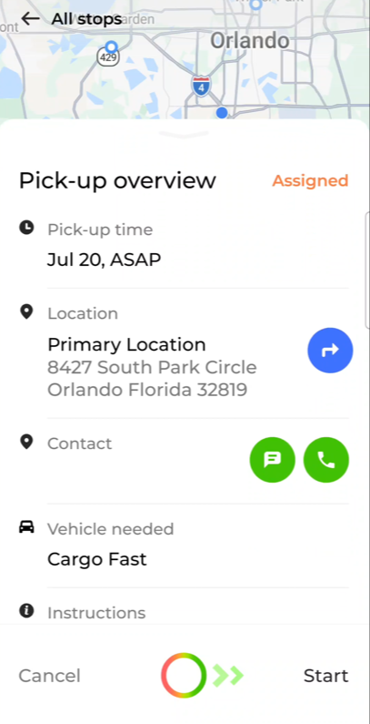 Pick-up information screen