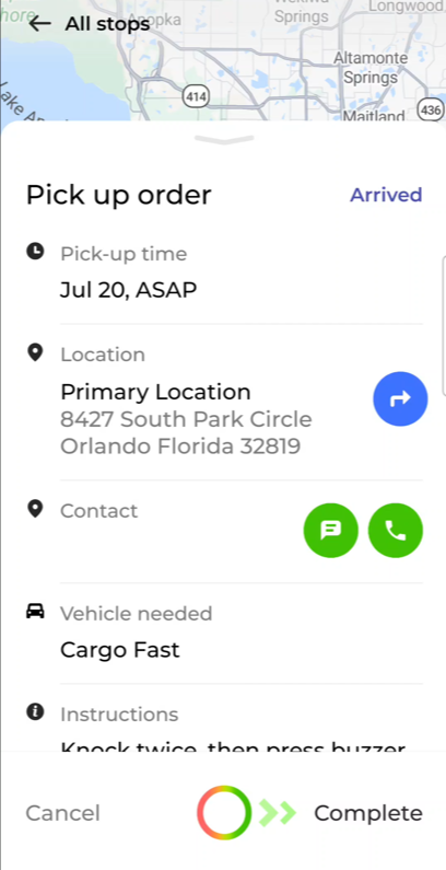 Pick-up information review screen