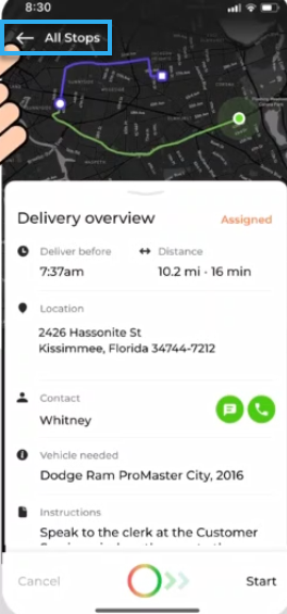 All Stops back arrow on the Delivery overview