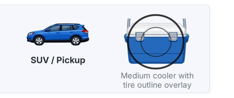 SUV or pickup pictured next to a medium cooler with a tire outline overlay for size comparison.