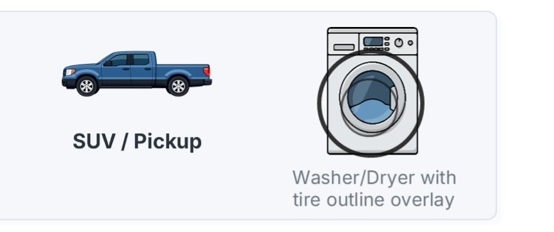 SUV or pickup pictured next to a washer/dryer with a tire outline overlay for size comparison.