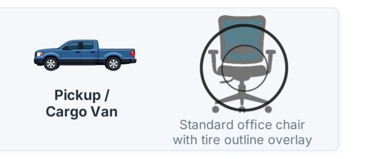 Pickup or cargo van pictured next to a standard office chair with a tire outline overlay for size comparison.