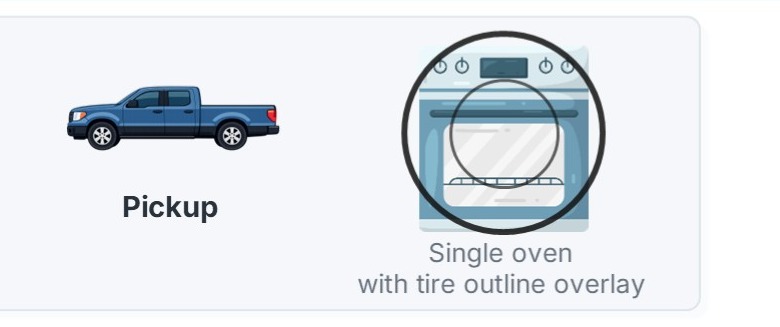 Pickup truck pictured next to a single oven with a tire outline overlay for size comparison.