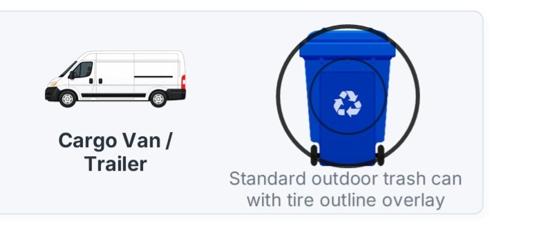 Cargo van or trailer pictured next to a standard outdoor trash can with a tire outline overlay for size comparison.